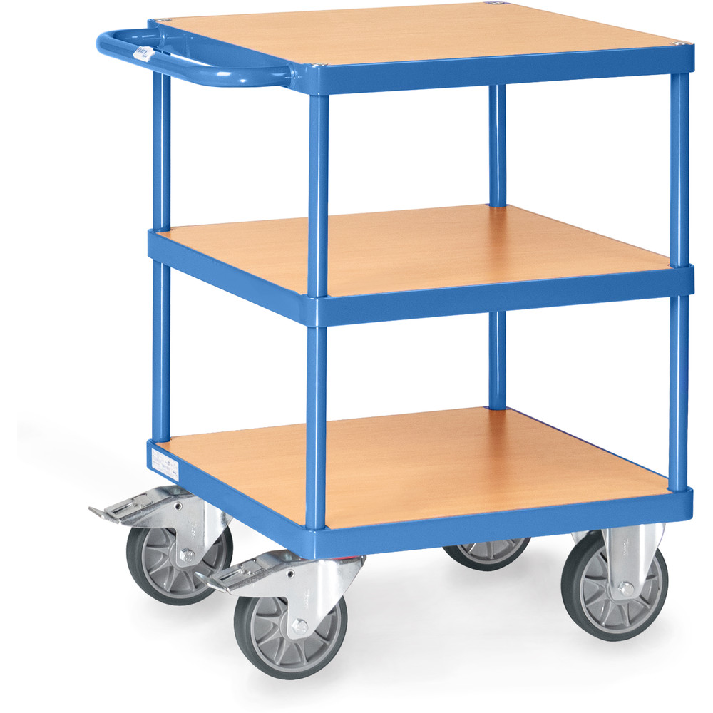 Tafelwagen 2416, gepoedercoat blauw RAL 5007, permanent oppervlaktebeschermd, stoot- en krasbestendig, van het merk Fetra Vierkante modulaire tafelwagen met 3 schappen, uit de categorie tafelwagens, artikelnummer 2416