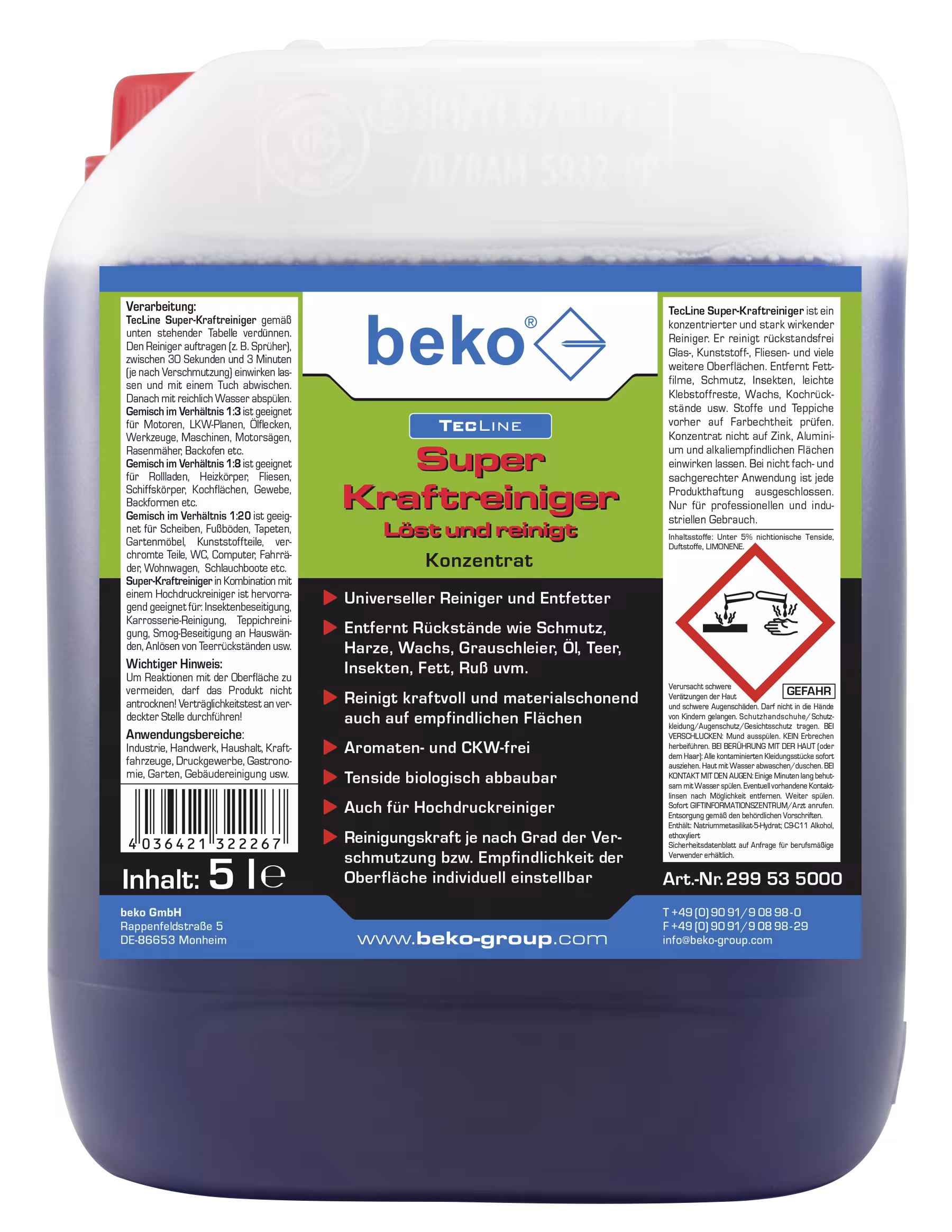 TecLine superkrachtreinigerconcentraat 5 l jerrycan van Beko TecLine superkrachtreinigerconcentraat 5 l jerrycan uit de categorie universele reiniger met art.nr. 299 53 5000