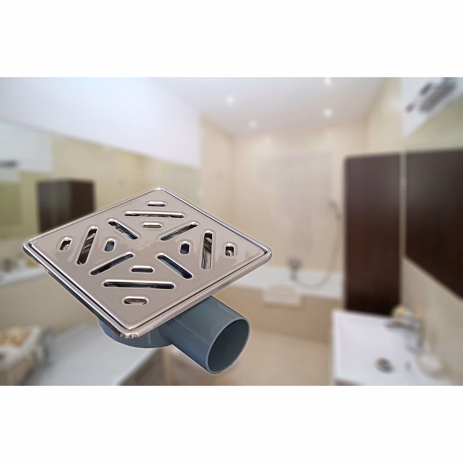 MERT vloerafvoer met roestvast stalen rooster en "stripes" frame, 150x150 mm, horizontaal