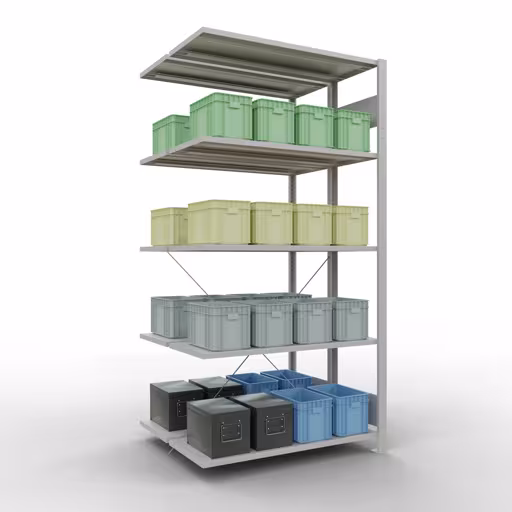 Aanbouwrekken, dubbele rekken, rekkensysteem MULTIplus150, 2000 x 1000 x (2x400) mm, 2x5 planken, kruisschoor, RAL 7035 lichtgrijs van Schulte Lagertechnik uit het rekkenprogramma