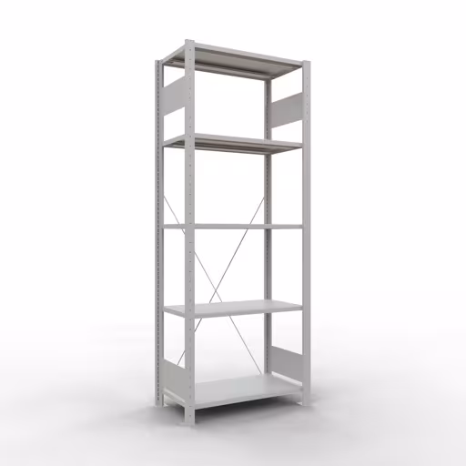 Basisplank, legplank, insteeksysteem MULTIplus150, 2000 x 750 x 400 mm (HxBxD), 5 legborden, kruisschoor, RAL 7035 lichtgrijs, basisplank, art.nr. 32640-75