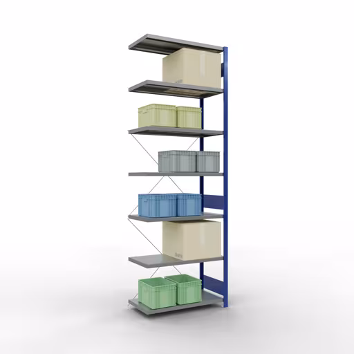 Aanbouwrekken, legbordstellingen, insteeksysteem MULTIplus250, 3000 x 1000 x 500 mm, 7 legborden, kruisschoor, RAL 5010 gentiaanblauw/verzinkt met GTIN 4004514283443 Aanbouwrekken, legbordstellingen, insteeksysteem MULTIplus250, 3000 x 1000 x 500 mm, 7 legborden, kruisschoor, RAL 5010 gentiaanblauw/verzinkt van Schulte Lagertechnik met artikelnr. 12957-B