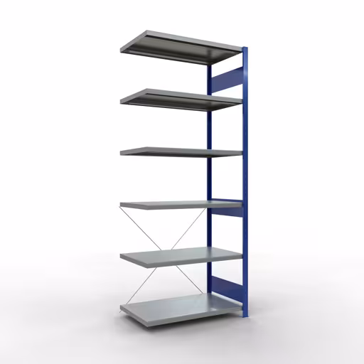 Aanbouwrekken, rekken, insteeksysteem MULTIplus330, 2500 x 1000 x 600 mm (HxBxD), 6 planken, kruisschoor, RAL 5010 gentiaanblauw/gegalvaniseerd van Schulte Lagertechnik Aanbouwrekken, rekken, insteeksysteem MULTIplus330, 2500 x 1000 x 600 mm (HxBxD), 6 legborden, kruisschoor, RAL 5010 gentiaanblauw/verzinkt, aanbouwplank, art.nr. 13966-B