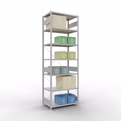 Productafbeelding nr. 13 van het artikel basisplank, plankplank, insteeksysteem MULTIplus330, 3000 x 1000 x 600 mm, 7 planken, kruisschoor, RAL 7035 lichtgrijs Figuur nr. 13 van het artikel basisplank, legbord, insteeksysteem MULTIplus330, 3000 x 1000 x 600 mm, 7 legborden, kruisschoor, RAL 7035 lichtgrijs uit de productgroep insteeksysteem van Schulte Lagertechnik.