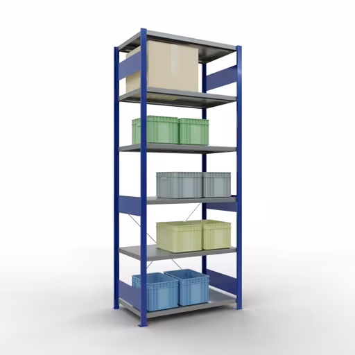 Basisplank, legbord, insteeksysteem MULTIplus330, 2500 x 1000 x 600 mm (HxBxD), 6 legborden, kruisschoor, RAL 5010 gentiaanblauw/gegalvaniseerd van het merk Schulte Lagertechnik uit het assortiment insteeksysteem