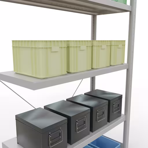 Productafbeelding nr. 15 van het artikel Aanbouwrekken, legbordstellingen, insteeksysteem MULTIplus330, 2000 x 1000 x 400 mm, 5 legborden, kruisschoor, RAL 7035 lichtgrijs Figuur nr. 15 van het artikel aanbouwrekken, legbordstellingen, insteeksysteem MULTIplus330, 2000 x 1000 x 400 mm, 5 legborden, kruisschoor, RAL 7035 lichtgrijs uit de insteeksysteem productgroep van Schulte Lagertechnik.