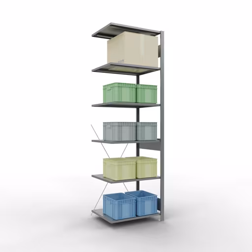 Aanbouwrekken, rekken, insteeksysteem MULTIplus150, 2500 x 750 x 600 mm (HxBxD), 6 legborden, kruisschoor, verzinkt uit de categorie aanbouwrekken met de GTIN 4004514204998 Aanbouwrekken, rekken, insteeksysteem MULTIplus150, 2500 x 750 x 600 mm, 6 legborden, kruisschoor, verzinkt van Schulte Lagertechnik uit het assortiment insteeksysteem