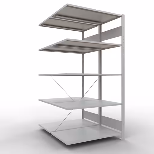 Aanbouwrekken, dubbele rekken, stellingsysteem MULTIplus150, 2000 x 1000 x (2x600) mm (HxBxD), 2x5 planken, kruisschoor, RAL 7035 lichtgrijs van Schulte Lagertechnik Aanbouwrekken, dubbele rekken, stellingsysteem MULTIplus150, 2000 x 1000 x (2x600) mm (HxBxD), 2x5 legborden, kruisschoor, RAL 7035 lichtgrijs, dubbele legborden, art.nr. 32765