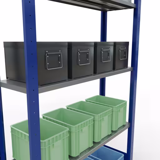 Productafbeelding nr. 13 van het artikel basisplank, legbord, insteeksysteem MULTIplus85, 2000 x 1000 x 300 mm (HxBxD), 5 legborden, lengtestangen, RAL 5010 gentiaanblauw Figuur nr. 13 van het artikel basisrek, legplank-insteeksysteem MULTIplus85, 2000 x 1000 x 300 mm, 5 legborden, RAL 5010 gentiaanblauw uit de productgroep insteeksysteem van het merk Schulte Lagertechnik.