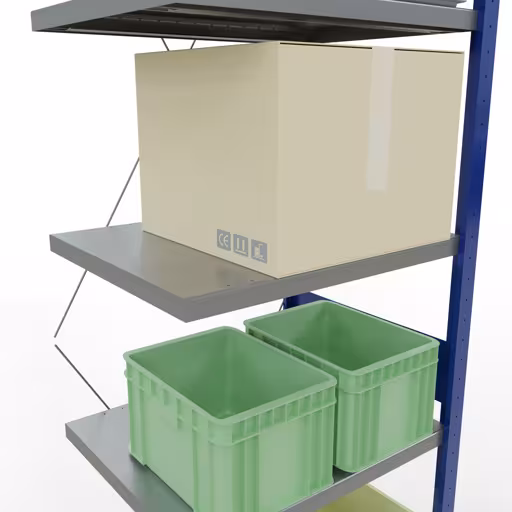 Extra afbeelding van het artikel Aanbouwrek, legbord, insteeksysteem MULTIplus250, 3000 x 750 x 600 mm, 7 legborden, RAL 5010 gentiaanblauw/verzinkt/verzinkt vanaf opzetrek