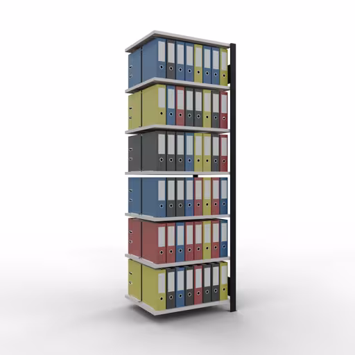 Productafbeelding nr. 12 van het artikel Aanbouwstelling, kantoorstelling, insteeksysteem MULTIplus150, 2300 x 750 x 600 mm, 7 legborden, lengtestangen, met middenaanslag, zwart/lichtgrijs Afbeelding nr. 12 van het artikel, kantoorrekken, insteeksysteem MULTIplus150, 2300 x 750 x 600 mm, 7 planken, met middenaanslag, zwart/lichtgrijs uit de productgroep kantoorrekken van Schulte Lagertechnik