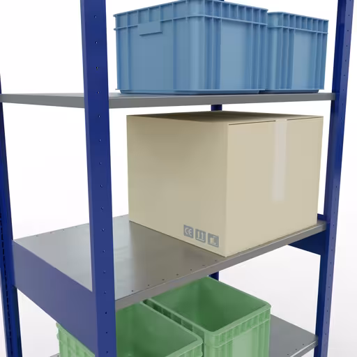 Productafbeelding nr. 14 van het artikel basisplank, legbord, insteeksysteem MULTIplus85, 2500 x 1000 x 600 mm (HxBxD), 6 legborden, kruisschoor, RAL 5010 gentiaanblauw Figuur nr. 14 van het artikel basisrek, legplank-insteeksysteem MULTIplus85, 2500 x 1000 x 600 mm, 6 legborden, RAL 5010 gentiaanblauw uit de productgroep insteeksysteem van het merk Schulte Lagertechnik.