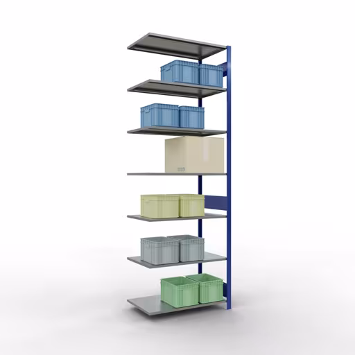 Aanbouwrekken, rekken, insteeksysteem MULTIplus150, 3000 x 1000 x 600 mm (HxBxD), 7 legborden, lengtestangen, RAL 5010 gentiaanblauw/verzinkt uit de categorie aanbouwrekken met de GTIN 4004514281227 Aanbouwrekken, rekken, insteeksysteem MULTIplus150, 3000 x 1000 x 600 mm, 7 legborden, RAL 5010 gentiaanblauw/gegalvaniseerd van het merk Schulte Lagertechnik uit het assortiment insteeksysteem