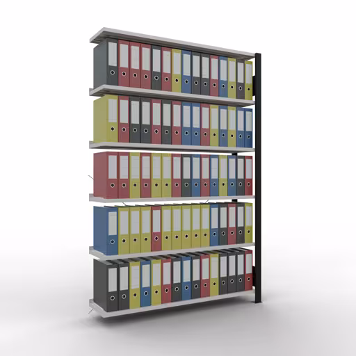 Aanbouwrekken, kantoorrekken, insteeksysteem MULTIplus85, 2000 x 1300 x 300 mm, 6 planken, dwarsschoor, met aanslaglijst, zwart/lichtgrijs van Schulte Lagertechnik met artikelnr. 36011-S