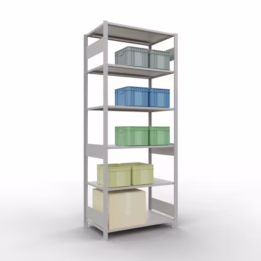 Basisplank, legbord, insteeksysteem MULTIplus150, 2500 x 1000 x 600 mm (HxBxD), 6 legborden, lengtestangen, RAL 7035 lichtgrijs met artikelnr. 32661-LR Basisplank, legbord, insteeksysteem MULTIplus150, 2500 x 1000 x 600 mm, 6 planken, RAL 7035 lichtgrijs van Schulte Lagertechnik uit de categorie insteeksysteem