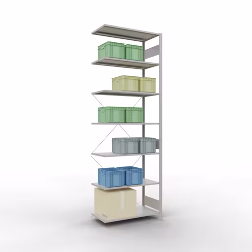 Aanbouwplank, hoekplank (veld C) 3000 x 1000 x 500, 7 planken, kruisschoor, RAL 7035 lichtgrijs met artikelnr. 32657-ECK Aanbouwplank, hoekplank (veld C) 3000 x 1000 x 500, 7 planken, kruisschoor, RAL 7035 lichtgrijs van Schulte Lagertechnik uit de categorie plankenplanken