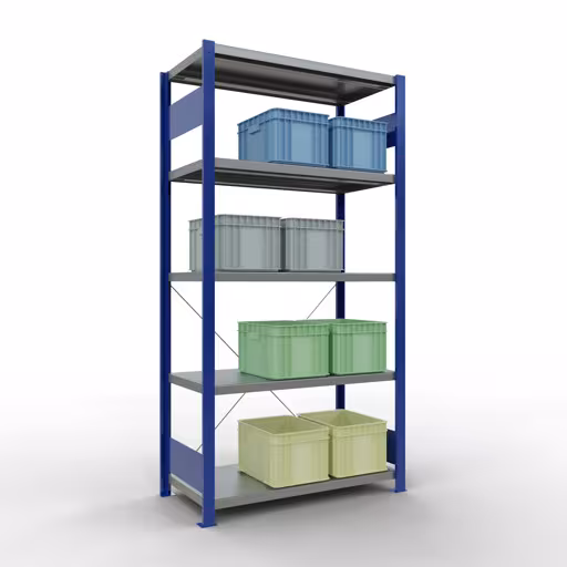 Productafbeelding nr. 6 van het artikel basisplank, legbord, insteeksysteem MULTIplus250, 2000 x 1000 x 500 mm, 5 legborden, kruisschoor, RAL 5010 gentiaanblauw/verzinkt uit het insteeksysteem assortiment van het merk Schulte Lagertechnik