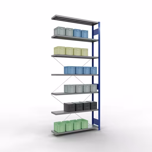 Productafbeelding nr. 14 van het artikel Aanbouwrekken, legbordstellingen, insteeksysteem MULTIplus250, 3000 x 1300 x 300 mm (HxBxD), 7 legborden, kruisschoor, RAL 5010 gentiaanblauw/verzinkt Afbeelding nr. 14 van het artikel aanbouwrekken, stellingrekken, insteeksysteem MULTIplus250, 3000 x 1300 x 300 mm, 7 legborden, kruisschoor, RAL 5010 gentiaanblauw/verzinkt uit de productgroep insteeksysteem van Schulte Lagertechnik