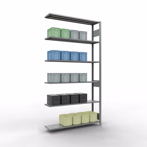 Aanbouwrekken, rekken, insteeksysteem MULTIplus150, 2500 x 1300 x 300 mm (HxBxD), 6 legborden, lengtestangen, verzinkt uit de categorie aanbouwrekken met de GTIN 4004514279750 Aanbouwrekken, rekken, insteeksysteem MULTIplus150, 2500 x 1300 x 300 mm, 6 legborden, lengtestangen, verzinkt van Schulte Lagertechnik uit het assortiment insteeksysteem