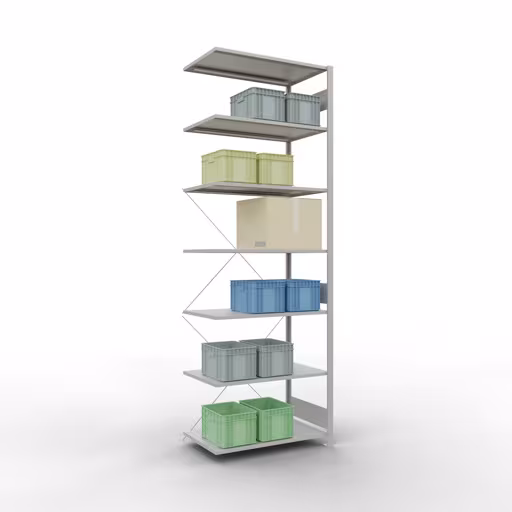 Aanbouwplank, hoekplank (veld C) 3000 x 1000 x 600, 7 planken, kruisschoor, RAL 7035 lichtgrijs met GTIN 4004514241603 Aanbouwplank, hoekplank (veld C) 3000 x 1000 x 600, 7 planken, kruisschoor, RAL 7035 lichtgrijs van Schulte Lagertechnik met het artikelnr. 32667-ECK