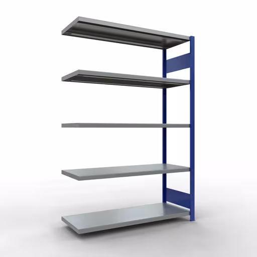 Aanbouwrekken, rekken, insteeksysteem MULTIplus250, 2000 x 1300 x 500 mm (HxBxD), 5 planken, lengtestangen, RAL 5010 gentiaanblauw/gegalvaniseerd van Schulte Lagertechnik Aanbouwrekken, rekken, insteeksysteem MULTIplus250, 2000 x 1300 x 500 mm (HxBxD), 5 legborden, lengtebalk, RAL 5010 gentiaanblauw/verzinkt, aanbouwplank, art.nr. 12955-130-LR-B