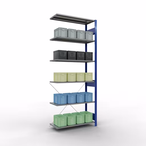 Andere weergave van het artikel Aanbouwrekken, legbordstellingen, insteeksysteem MULTIplus150, 2500 x 1000 x 400 mm (HxBxD), 6 legborden, kruisschoor, RAL 5010/verzinkt Andere weergave van het artikel Aanbouwplank, legbord-insteeksysteem MULTIplus150, 2500 x 1000 x 400 mm, 6 legborden, RAL 5010/verzinkt uit de categorie insteeksysteem