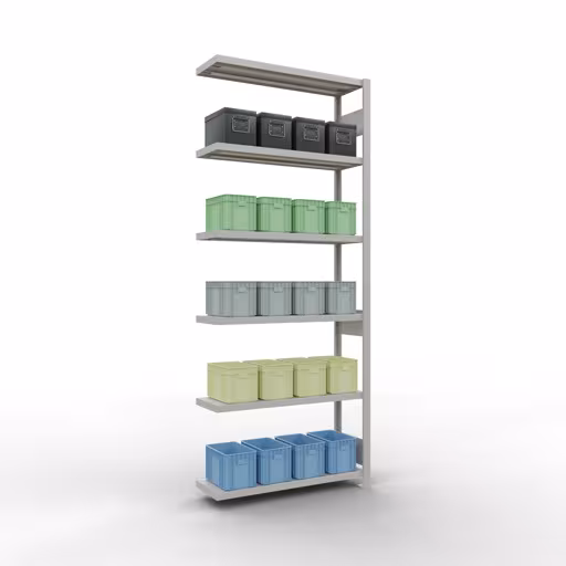 Productafbeelding nr. 14 van het artikel Aanbouwrekken, legbordstellingen, insteeksysteem MULTIplus250, 2500 x 1000 x 300 mm (HxBxD), 6 legborden, lengtestangen, RAL 7035 lichtgrijs Afbeelding nr. 14 van het artikel aanbouwrekken, legbordstellingen, insteeksysteem MULTIplus250, 2500 x 1000 x 300 mm, 6 legborden, lengtestangen, RAL 7035 lichtgrijs uit de productgroep insteeksysteem van Schulte Lagertechnik