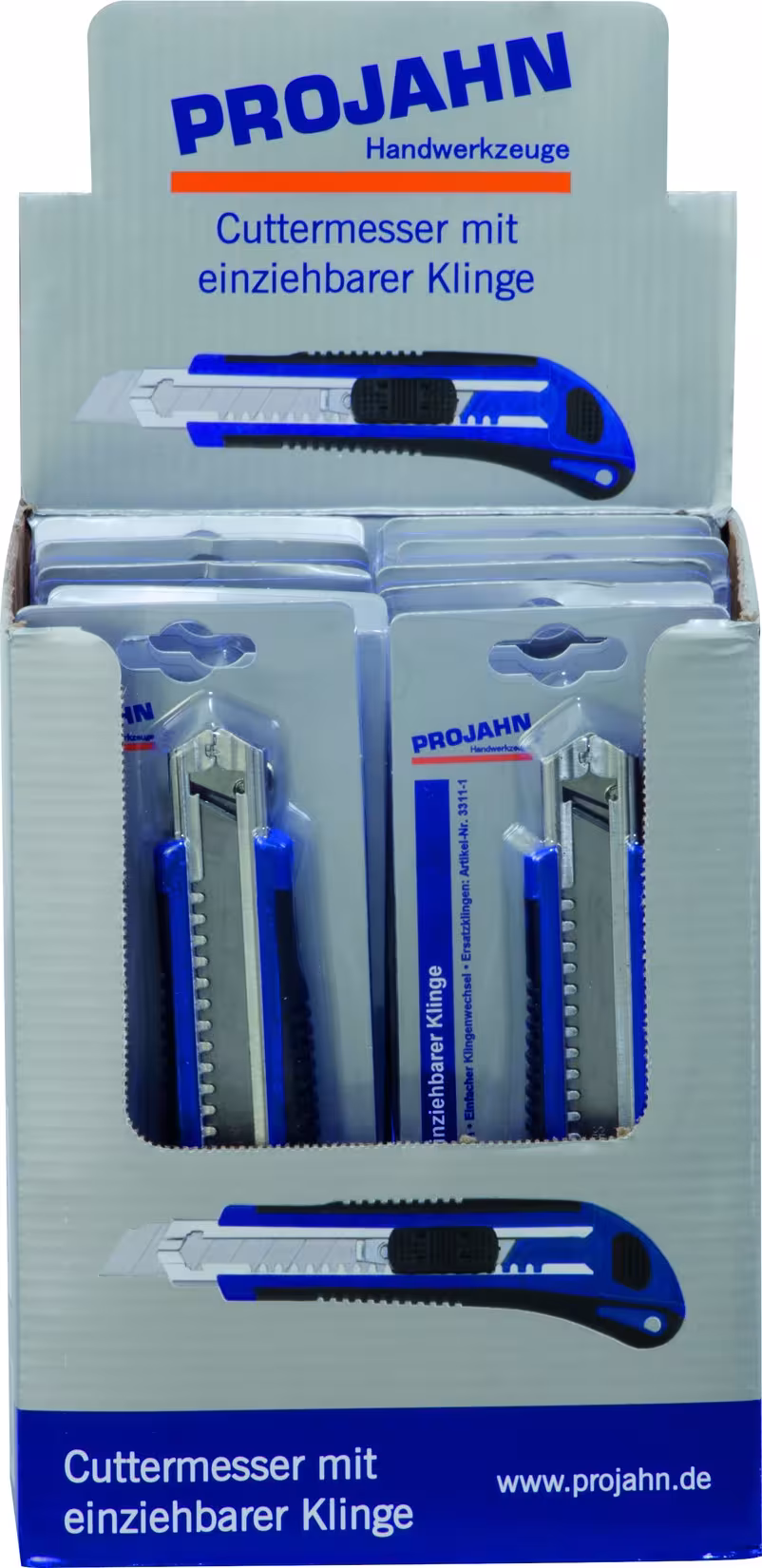 Display met 12x cuttermessen met 18 mm intrekbaar mes uit de categorie snijden, reinigen, schrapen met de GTIN 4000146331101 Snijmes van het merk PROJAHN uit de categorie snijden, reinigen, schrapen