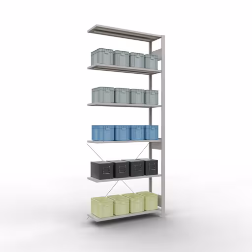 Productafbeelding nr. 14 van het artikel Aanbouwrekken, legbordstellingen, insteeksysteem MULTIplus85, 2500 x 1000 x 300 mm (HxBxD), 6 legborden, kruisschoor, RAL 7035 lichtgrijs Figuur nr. 14 van het artikel aanbouwrekken, legbordstellingen, insteeksysteem MULTIplus85, 2500 x 1000 x 300 mm, 6 legborden, RAL 7035 lichtgrijs uit de productgroep insteeksysteem van het merk Schulte Lagertechnik.