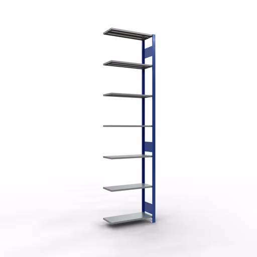 Aanbouwrekken, rekken, insteeksysteem MULTIplus150, 3000 x 750 x 300 mm (HxBxD), 7 legborden, lengtebalk, RAL 5010 gentiaanblauw/verzinkt/verzinkt, aanbouwplank, art.nr. 12737-75-LR-B