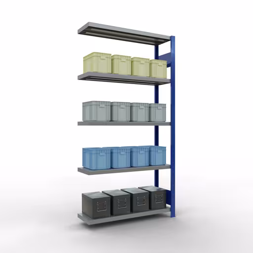 Aanbouwrekken, rekken, insteeksysteem MULTIplus330, 2000 x 1000 x 300 mm, 5 legborden, lengtestangen, RAL 5010 gentiaanblauw/verzinkt van het merk Schulte Lagertechnik uit het assortiment insteeksystemen