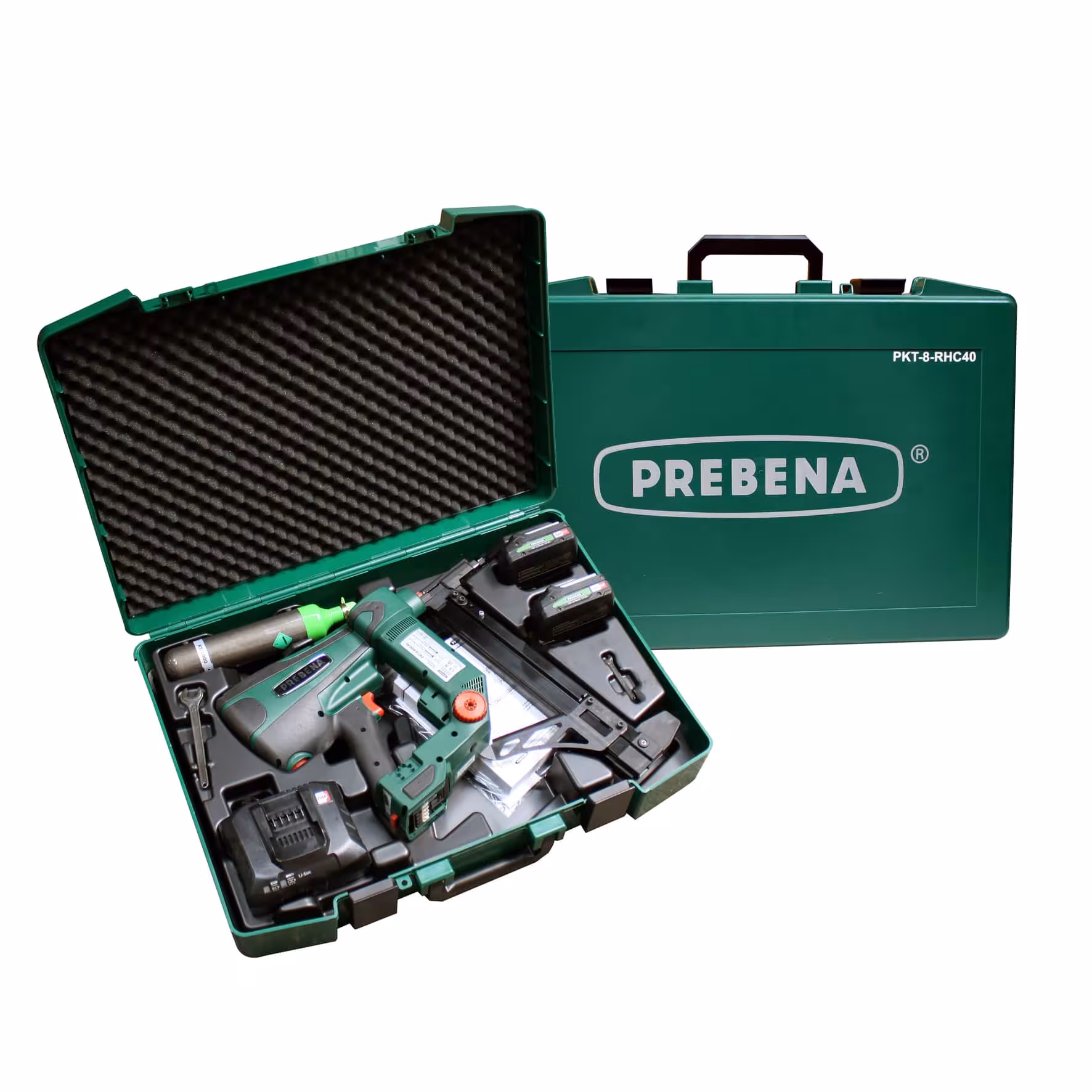 Hybride spijkermachine voor staal-betonnagels type RHC van 15-40 mm inclusief accu en laadstation PKT-8-RHC40 van Prebena Hybride spijkermachine voor staalbetonspijkers type RHC van 15-40 mm inclusief accu en laadstation PKT-8-RHC40, schroeven, nieten, nieten, art.nr. PKT-8-RHC40-SET22