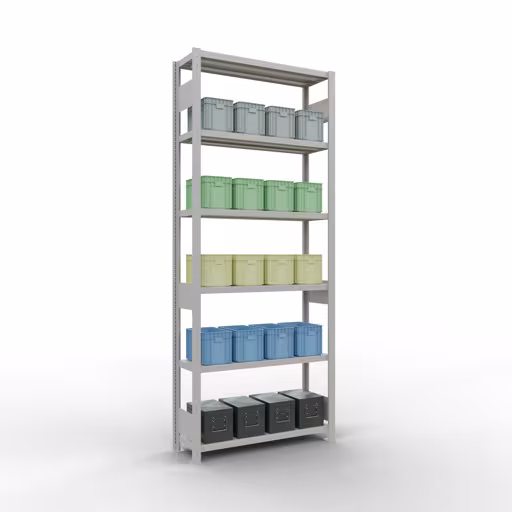 Productafbeelding nr. 13 van het artikel basisplank, legbord, insteeksysteem MULTIplus250, 2500 x 1000 x 300 mm (HxBxD), 6 legborden, lengtestangen, RAL 7035 lichtgrijs Figuur nr. 13 van het artikel basisplank, legplank, insteeksysteem MULTIplus250, 2500 x 1000 x 300 mm, 6 legborden, lengtestangen, RAL 7035 lichtgrijs uit de insteeksysteem productgroep van Schulte Lagertechnik.