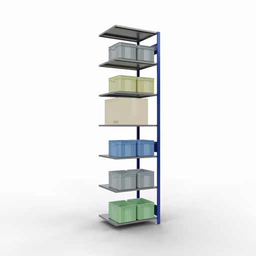 Aanbouwrekken, rekken, insteeksysteem MULTIplus150, 3000 x 750 x 600 mm (HxBxD), 7 legborden, lengtestangen, RAL 5010 gentiaanblauw/verzinkt/verzinkt uit de categorie aanbouwrekken met de GTIN 4004514281197 Aanbouwrekken, legbord, insteeksysteem MULTIplus150, 3000 x 750 x 600 mm, 7 legborden, RAL 5010 gentiaanblauw/verzinkt/verzinkt van het merk Schulte Lagertechnik uit het plug-in systeem-assortiment