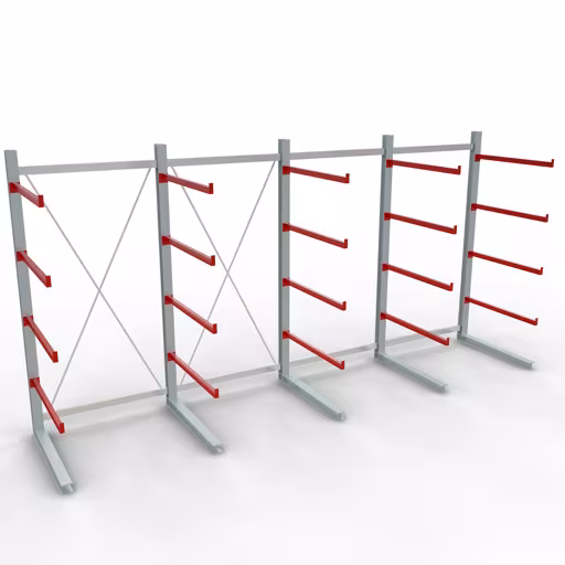 Figuur nr. 9 van het artikel K 6000 complete stelling, enkelzijdig, 3000 x 6000 x 1250 mm, RAL 7001 / RAL 3000, 5 opslagniveaus uit de productgroep draagarmstellingen van het merk Schulte Lagertechnik.