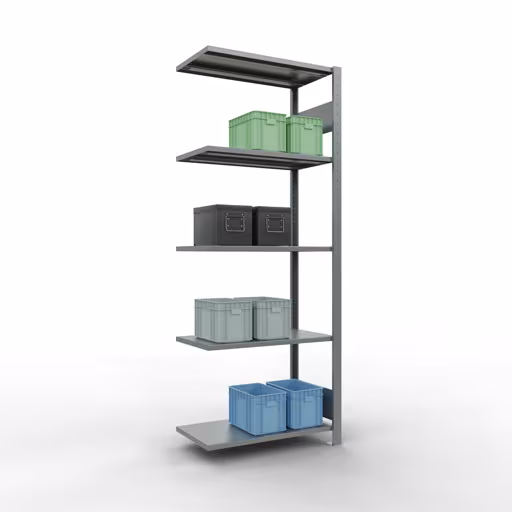 Extra afbeelding van het artikel Aanbouwplank, legbord, insteeksysteem MULTIplus150, 2000 x 750 x 400 mm (HxBxD), 5 legborden, lengtestangen, verzinkt Extra afbeelding bij het artikel Aanbouwrekken, legplank, insteeksysteem MULTIplus150, 2000 x 750 x 400 mm, 5 legborden, verzinkt vanaf opzetplank