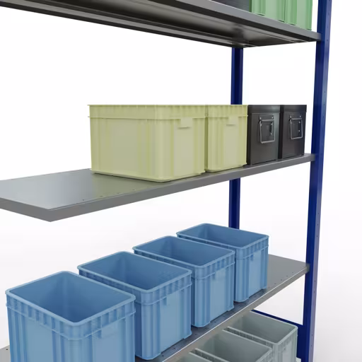 Aanbouwrekken, rekken, insteeksysteem MULTIplus150, 2000 x 1300 x 400 mm (HxBxD), 5 legborden, lengtestangen, RAL 5010 gentiaanblauw/verzinkt uit de categorie aanbouwrekken met GTIN 4004514280121 Aanbouwrekken, rekken, insteeksysteem MULTIplus150, 2000 x 1300 x 400 mm, 5 legborden, RAL 5010 gentiaanblauw/gegalvaniseerd van het merk Schulte Lagertechnik uit het assortiment insteeksysteem