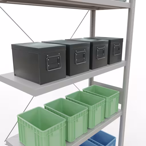 Productafbeelding nr. 13 van het artikel aanbouwrekken, legbordstellingen, insteeksysteem MULTIplus330, 3000 x 1000 x 400 mm, 7 legborden, kruisschoor, RAL 7035 lichtgrijs Figuur nr. 13 van het artikel aanbouwrekken, legbordstellingen, insteeksysteem MULTIplus330, 3000 x 1000 x 400 mm, 7 legborden, kruisschoor, RAL 7035 lichtgrijs uit de insteeksysteem productgroep van Schulte Lagertechnik.