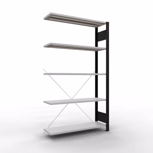 Aanbouwstelling, kantoorstelling, insteeksysteem MULTIplus85, 1800 x 1000 x 300 mm (HxBxD), 5 legborden, kruisschoor, zonder aanslaglijst, zwart/lichtgrijs, insteeksysteem, art.nr. 36022-S