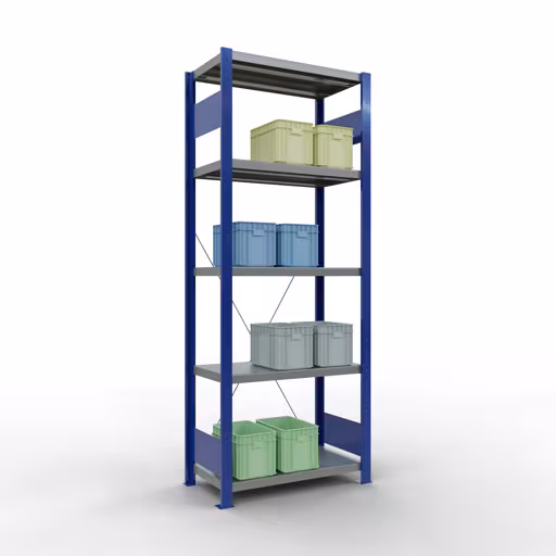 Basisplank, legbord, insteeksysteem MULTIplus250, 2000 x 750 x 400 mm, 5 legborden, kruisschoor, RAL 5010 gentiaanblauw/verzinkt/verzinkt van Schulte Lagertechnik uit het plug-in systeem-assortiment