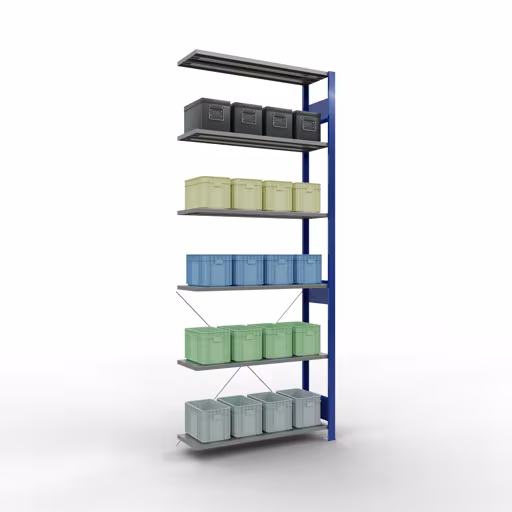 Productafbeelding nr. 13 van het artikel Aanbouwrekken, legbordstellingen, insteeksysteem MULTIplus85, 2500 x 1000 x 300 mm (HxBxD), 6 legborden, kruisschoor, RAL 5010 gentiaanblauw Figuur nr. 13 van het artikel aanbouwrekken, legbordstellingen, insteeksysteem MULTIplus85, 2500 x 1000 x 300 mm, 6 legborden, RAL 5010 gentiaanblauw uit de productgroep insteeksysteem van het merk Schulte Lagertechnik.