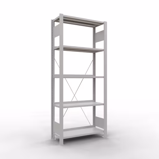 Basisplank, kantoorrek, insteeksysteem MULTIplus85, 1800 x 750 x 300 mm (HxBxD), 5 planken, dwarsschoor, met aanslagbalk, lichtgrijs, insteeksysteem, art.nr. 36000