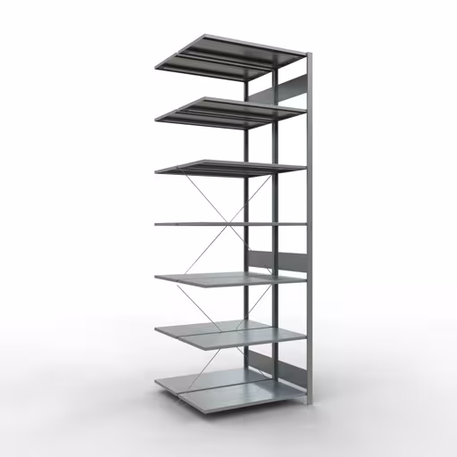 Figuur nr. 13 van het artikel aanbouwrekken, dubbele rekken, stellingrek insteeksysteem MULTIplus150, 3000 x 1000 x (2x1000) mm, 2x7 planken, kruisschoor, verzinkt uit de stellingstelling productgroep van Schulte Lagertechnik.