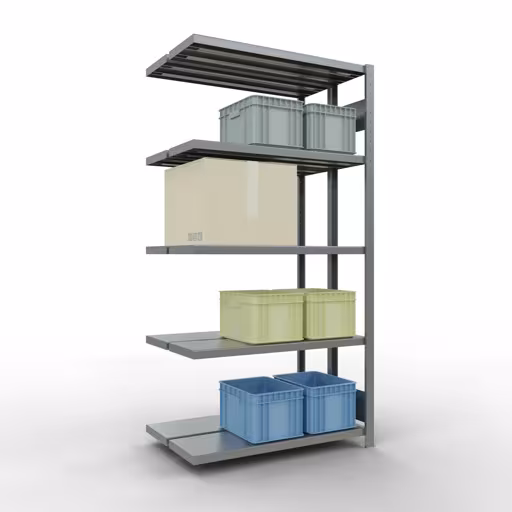 Aanbouwstelling, dubbele stelling, stellingsysteem MULTIplus250, 2000 x 1000 x (2x300) mm (HxBxD), 2x5 planken, lengtestangen, verzinkt uit de categorie dubbele stelling met de GTIN 4004514262004 Aanbouwrekken, dubbele rekken, rekkensysteem MULTIplus250, 2000 x 1000 x (2x300) mm, 2x5 planken, lengtestangen, verzinkt van Schulte Lagertechnik uit het rekkenprogramma