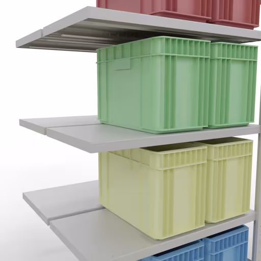 Extra afbeelding van het artikel Aanbouwplank, dubbele plank, legplank-insteeksysteem MULTIplus250, 2000 x 1000 x (2x500) mm, 2x5 legborden, lengtestangen, RAL 7035 lichtgrijs van dubbele legborden