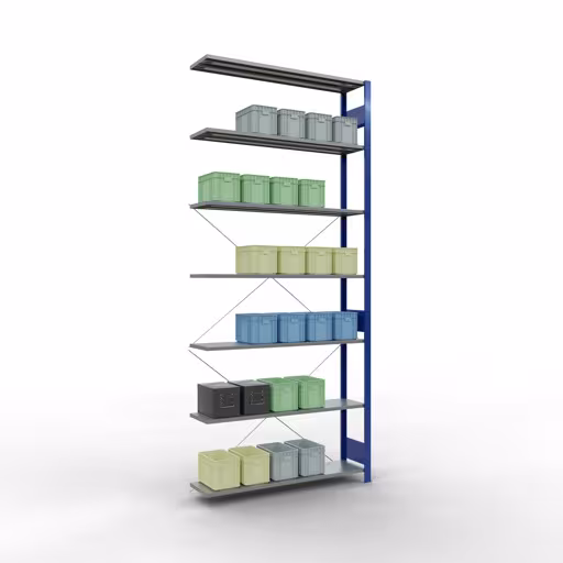 Aanbouwrekken, rekken, insteeksysteem MULTIplus150, 3000 x 1300 x 300 mm (HxBxD), 7 legborden, kruisschoor, RAL 5010 gentiaanblauw/verzinkt uit de categorie aanbouwrekken met GTIN 4004514279828 Aanbouwrekken, rekken, insteeksysteem MULTIplus150, 3000 x 1300 x 300 mm, 7 legborden, RAL 5010 gentiaanblauw/gegalvaniseerd van het merk Schulte Lagertechnik uit het assortiment insteeksysteem