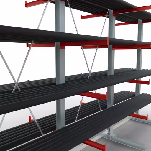 Productafbeelding nr. 10 van artikel K 6000 compleet legbord, dubbelzijdig, 3000 x 6000 x 2x 750 mm, RAL 7001 / RAL 3000, 5 opslagniveaus Afbeelding nr. 10 van artikel K 6000 complete stelling, dubbelzijdig, 3000 x 6000 x 2x 750 mm, RAL 7001 / RAL 3000, 5 opslagniveaus uit de productgroep draagarmstellingen van Schulte Lagertechnik