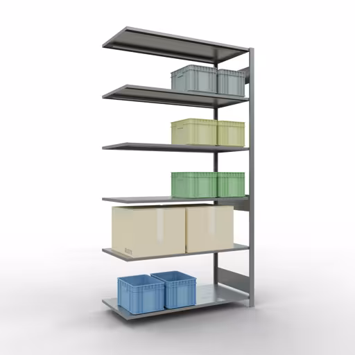 Aanbouwstelling, stellingkast MULTIplus150 insteeksysteem, 2500 x 1300 x 600 mm (HxBxD), 6 legborden, lengtestangen, verzinkt met GTIN 4004514281098 Aanbouwrekken, legbordstellingen, insteeksysteem MULTIplus150, 2500 x 1300 x 600 mm, 6 legborden, lengtestangen, verzinkt van Schulte Lagertechnik met artikelnr. 12766-130-LR