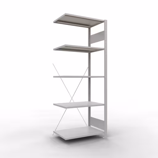 Aanbouwrekken, legborden, insteeksysteem MULTIplus150, 2000 x 750 x 500 mm (HxBxD), 5 legborden, kruisschoor, RAL 7035 lichtgrijs, aanbouwplank, art.nr. 32655-75