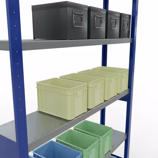 Productafbeelding nr. 15 van het artikel basisplank, legbord, insteeksysteem MULTIplus250, 2500 x 1300 x 300 mm (HxBxD), 6 legborden, kruisschoor, RAL 5010 gentiaanblauw/verzinkt Figuur nr. 15 van het artikel basisrek, legbord, insteeksysteem MULTIplus250, 2500 x 1300 x 300 mm, 6 legborden, kruisschoor, RAL 5010 gentiaanblauw/verzinkt uit de insteeksysteem productgroep van Schulte Lagertechnik.